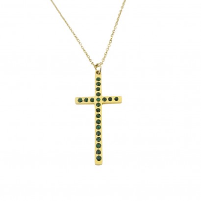 Κολιέ επιχρυσωμένο ατσάλι με μοτίφ σταυρό με πράσινα ζιργκόν
