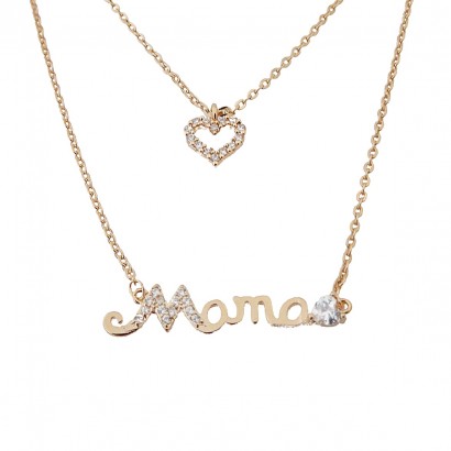 Double steel necklace Mama pink gold with perforated heart