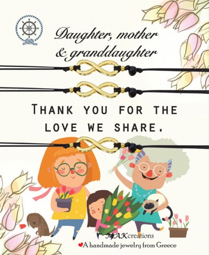 Χειροποίητα βραχιόλια για κόρη, μαμά και εγγονή με επιχρυσωμένα μοτίφ άπειρο