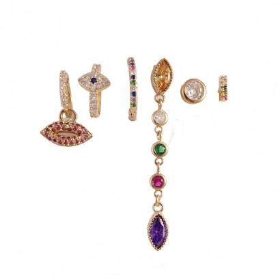 Set of six earrings made of brass with pendant colorful zircon stones