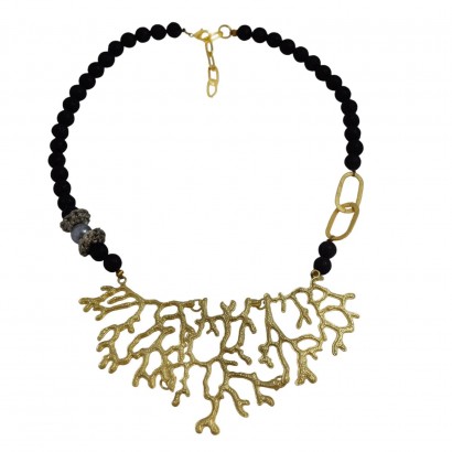 Handmade necklace with natural lava stones and gold plated twig element