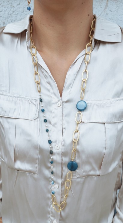 Handmade chain necklace with lapis and rosary with stones