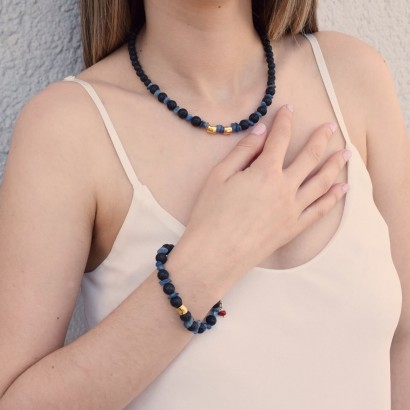 Handmade necklace with natural lava stones and semi-precious stones lapis