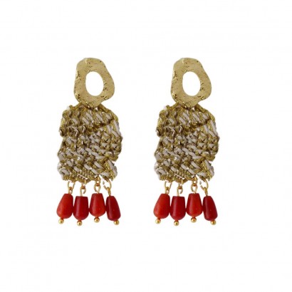 Handmade earrings with knitted element and natural coral stones