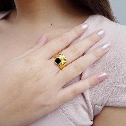 Gold plated brass ring with rising sun in black