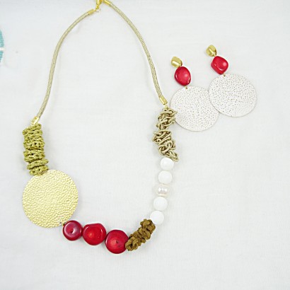 Handmade Necklace Round Elements Knitted Cord Pearls Precious Stones