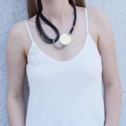 Handmade necklace with lava stones and bronze circle element