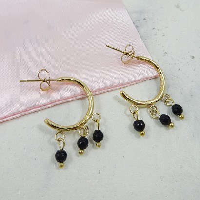 Steel hoop earrings with black beads
