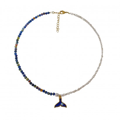 Handmade necklace with blue semiprecious stones with natural pearls and gold plated mermaid motif