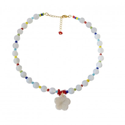 Handmade necklace with precious stones moonstone and white mother of pearl flower