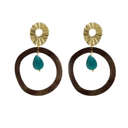 Handmade earrings with green drop and bronze circle