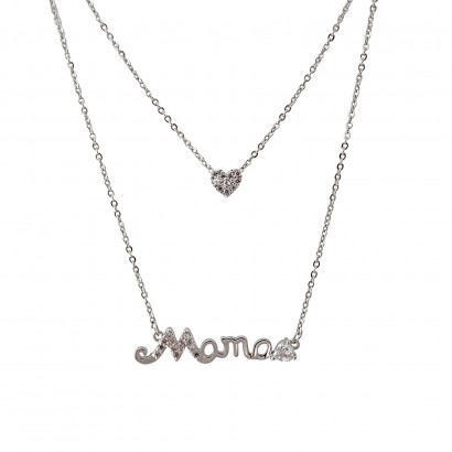 Διπλό κολιέ ατσάλι Mama ασημί με καρδούλα με ζιργκόν