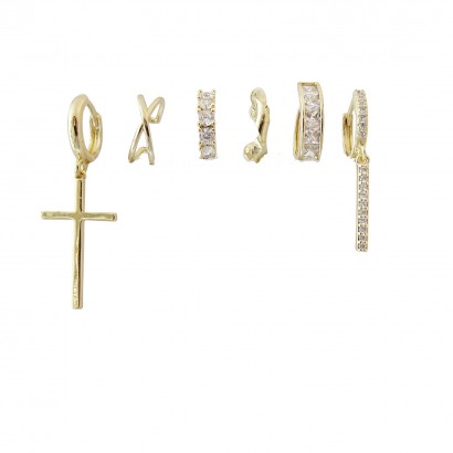 Set of six earrings made of brass with cross and zircon stones