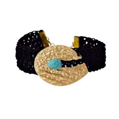 Handmade knitted bracelet with gold plated element and turquoise stone