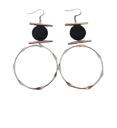 Handmade Lava Stone Earrings Round Silver Pattern Forged