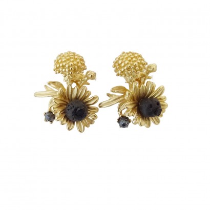 Handmade Earrings with Gold Plated Brass Flower and Natural Lava Stone