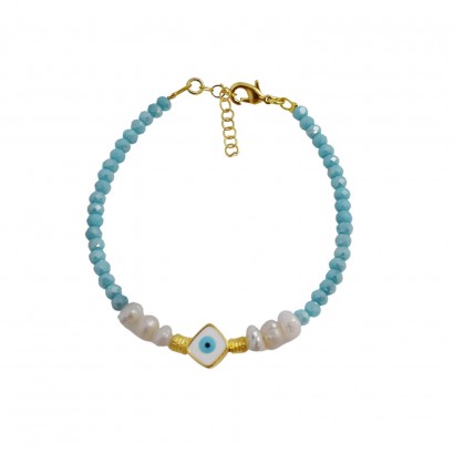 Handmade bracelet with blue beads and gold plated eye motif