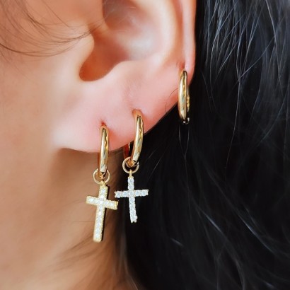 Set of 3 steel earrings with crosses and zircon stones