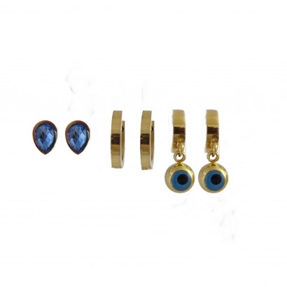 Σετ τρια ζευγάρια σκουλαρίκια ατσάλι με μπλε πέτρα ζιγκόν