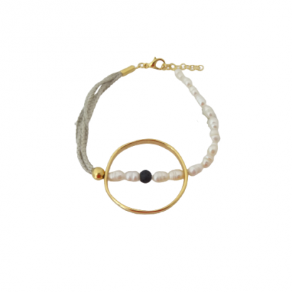 Handmade hoop bracelet with natural pearl and lava stone