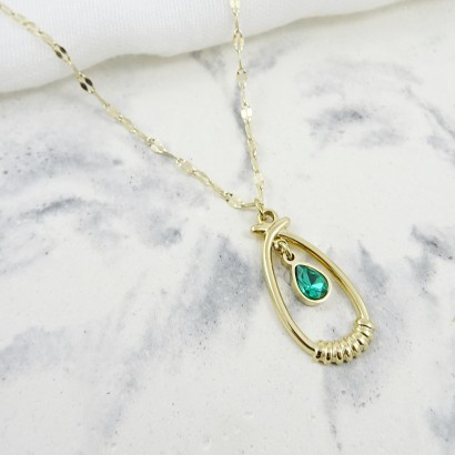 Gold plated steel necklace with emerald drop pendant