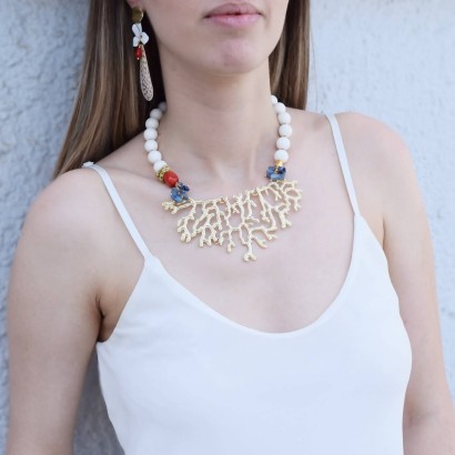 Handmade necklace with white metal beads and gold plated twig element