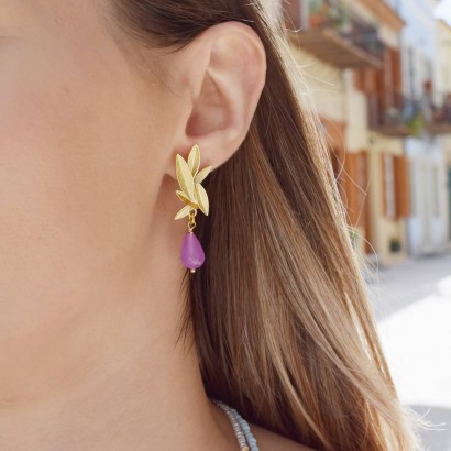 Handmade earrings with gold plated leaf base and semiprecious purple stone
