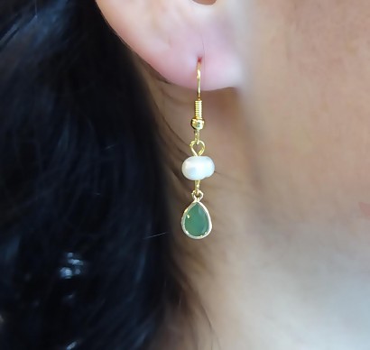 Handmade brass earrings green crystal natural pearl