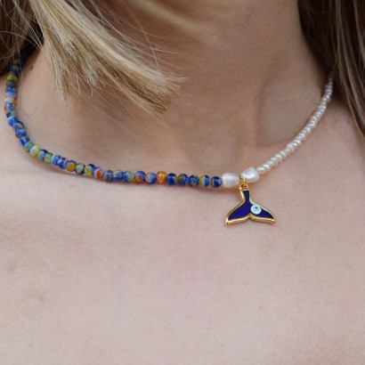 Handmade necklace with blue semiprecious stones with natural pearls and gold plated mermaid motif
