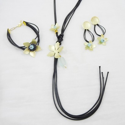 Handmade cord earrings with flower and aquamarine stone