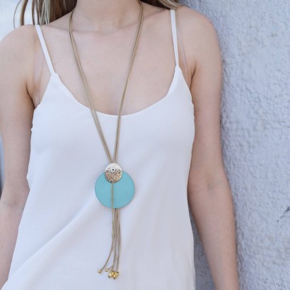 Handmade necklace with beige cord and turquoise element