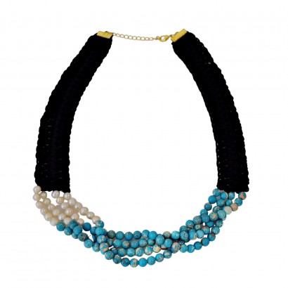 Handmade knitted necklace with turquoise stones and natural pearls